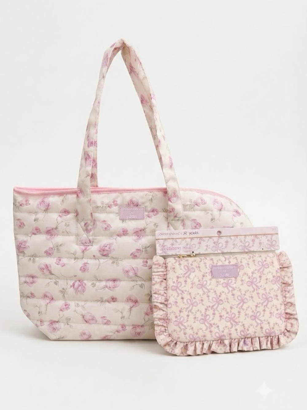LoveShackFancy Ribbon Rosa Quilted Tote Bag Sterling Dusk and Accessory CaseSet